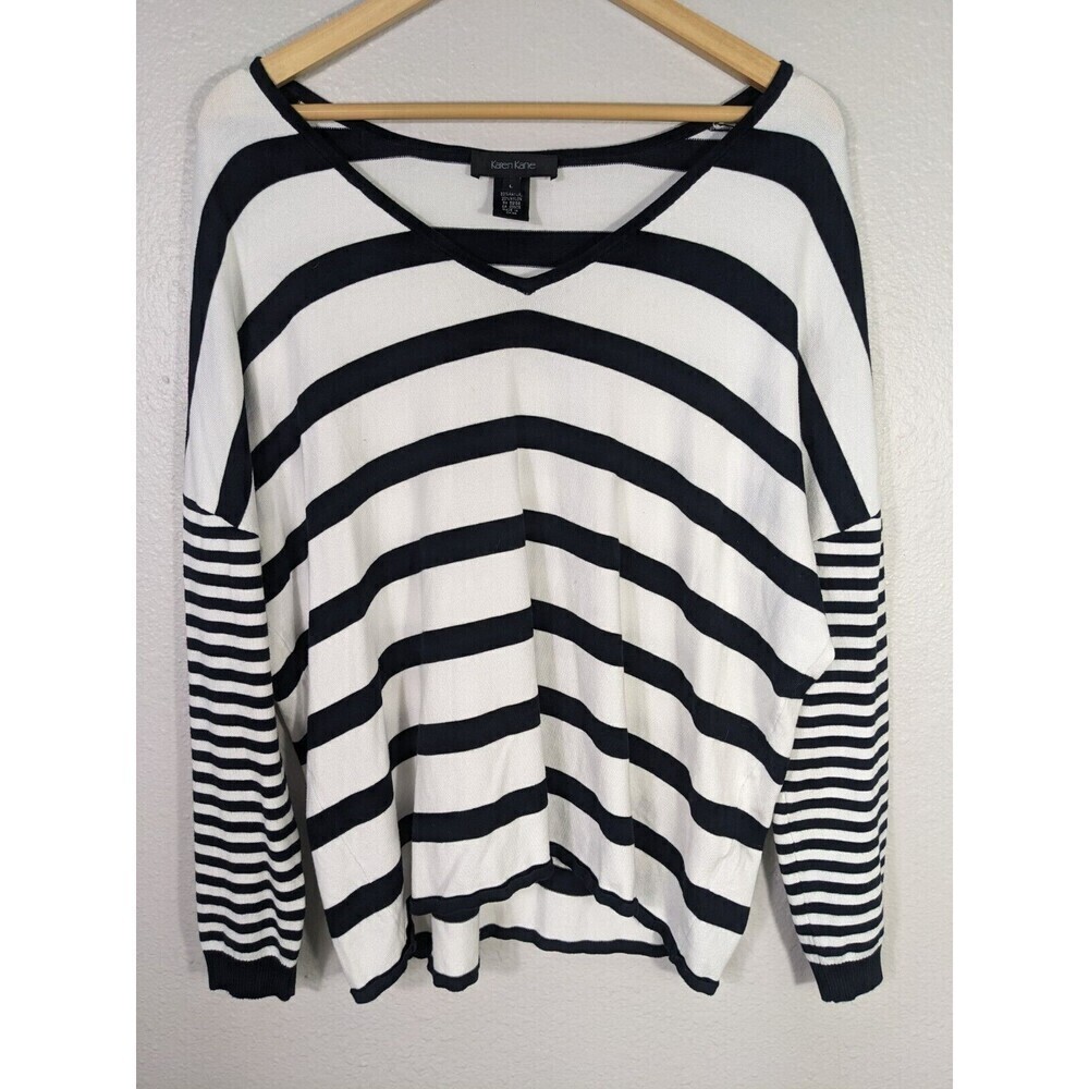 Karen Kane L Black White Nautical Striped Pullover Sweater Super Soft Vneck N56